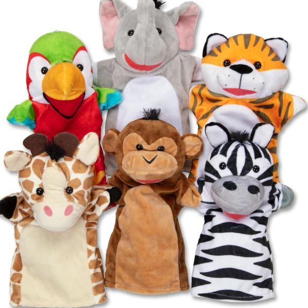Safari Buddies 6-Pack Hand Puppets – Elephant, Tiger, Parrot, Giraffe, Monkey & Zebra, Soft Stuffed Plush Animal Puppets, Pretend Play Toys for Boys & Girls